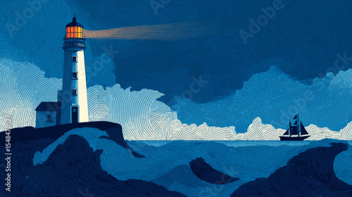 Minimal Lighthouse Illustration on Stylized Waves for World Maritime Day Vector Presentation