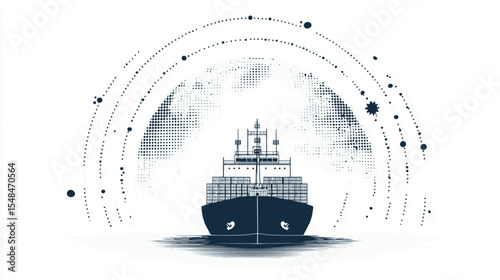 Minimal Cargo Vessel Vector with Globe and Route Lines for World Maritime Day Infographic