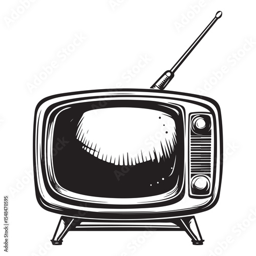 Silhouette of Old Television, Vintage black and white illustration of an old television with antennas, Vintage TV