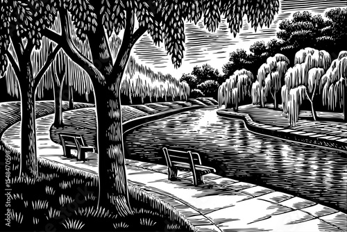 Riverside park with walking paths, benches, and weeping willows, a black and white sketch vector