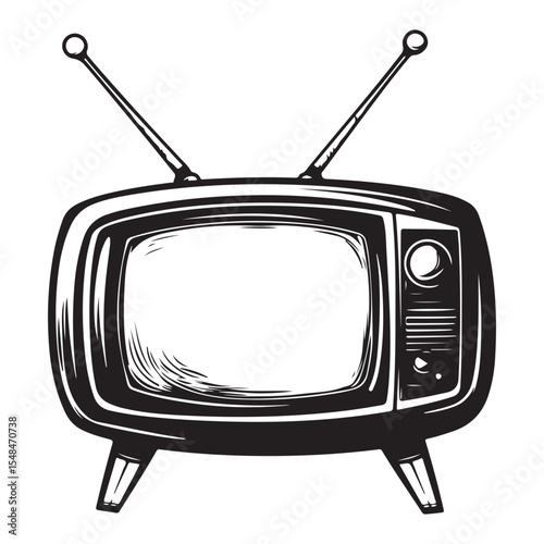 Silhouette of Old Television, Vintage black and white illustration of an old television with antennas, Vintage TV