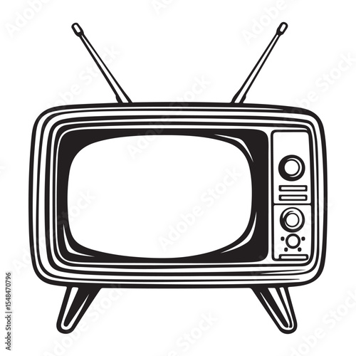 Silhouette of Old Television, Vintage black and white illustration of an old television with antennas, Vintage TV