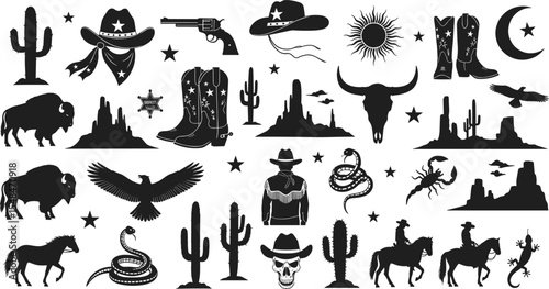 Vector set contains black Western-themed icons, including cowboys, horses, desert landscapes, cacti,, skulls, boots, and stars.