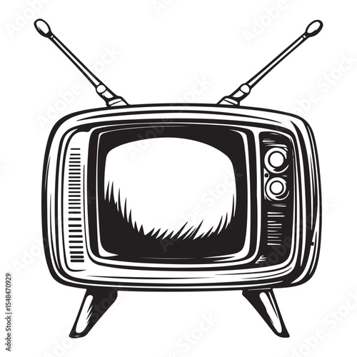 Silhouette of Old Television, Vintage black and white illustration of an old television with antennas, Vintage TV