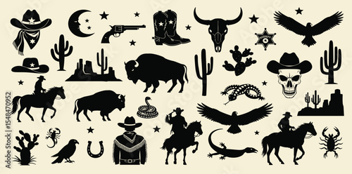 Vector set contains black Western-themed icons, including cowboys, horses, desert landscapes, cacti,, skulls, boots, and stars.