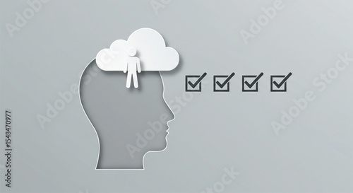 Mindful Decision: Conceptualizing the process of thought and decision-making, the image depicts a silhouette of a head with a cloud overhead, a symbol of the mind.