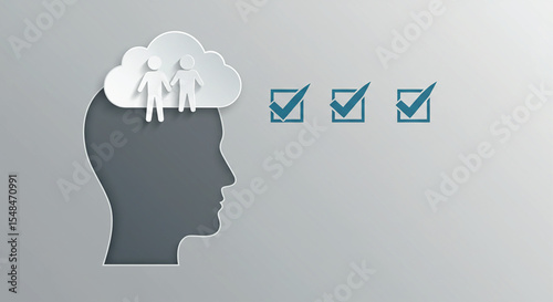 Cloud-Based Thought Process: Conceptual illustration of the human mind, showcasing a thoughtful process with a cloud symbolizing ideas, accompanied by check marks indicating progress and goals.
