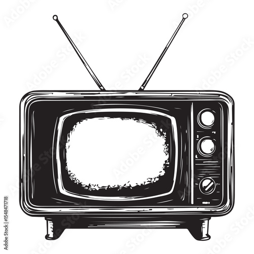 Silhouette of Old Television, Vintage black and white illustration of an old television with antennas, Vintage TV