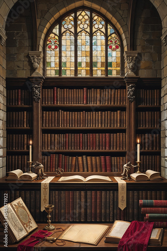 Interior of a wealthy medieval home with stone wall and bookcases