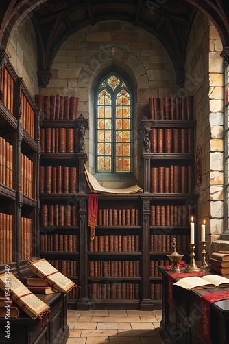 Interior of a wealthy medieval home with stone wall and bookcases