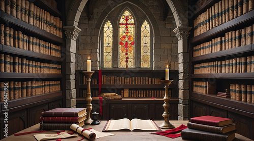 Interior of a wealthy medieval home with stone wall and bookcases