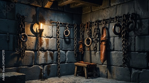 Interior wall of a medieval dungeon or guardroom, front-facing (90°) view