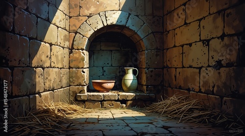 Medieval prison wall with niche, bowl, and jug