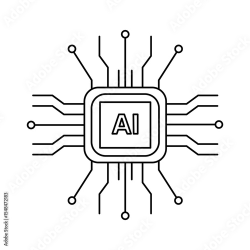Microchip with AI label and symmetrical circuit paths, abstract tech icon in modern vector style.