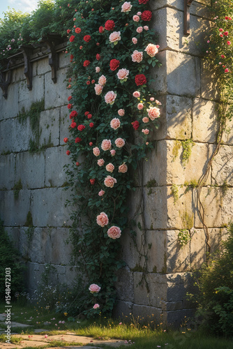 High medieval stone wall exterior with climbing roses, front view