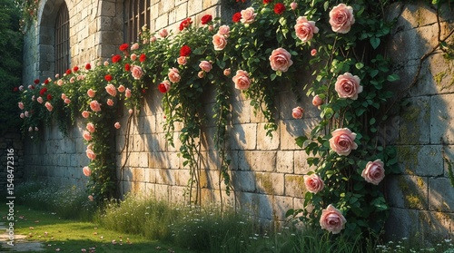 Exterior of a high medieval windowless stone wall, front view (90°) with climbing roses