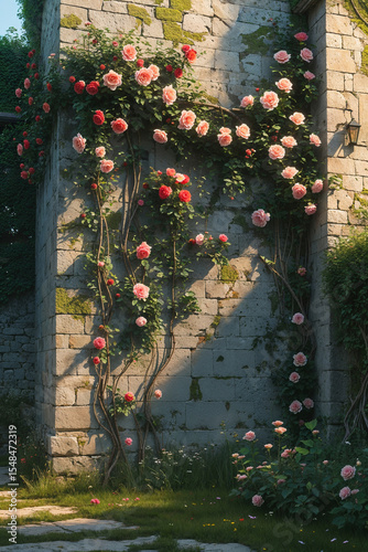 Exterior of a high medieval windowless stone wall, front view (90°) with climbing roses