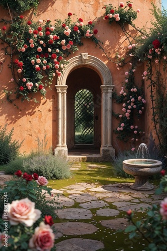 Garden of a medieval villa with arched wall, roses, fountain, and bench