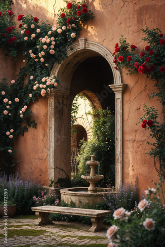 Garden of a medieval villa with arched wall, roses, fountain, and bench