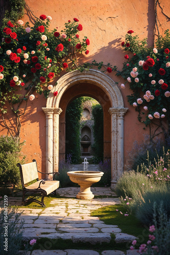 Garden of a medieval villa with arched wall, roses, fountain, and bench