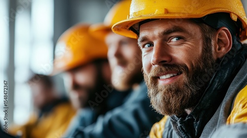 A cheerful construction worker shares a smile amongst fellow crew members, showcasing teamwork and camaraderie on a work site, highlighting the joy in labor.
