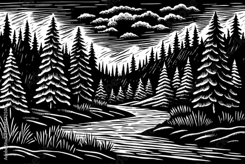 Mountain river running through a dense fir forest with fog hanging above, a black and white sketch vector