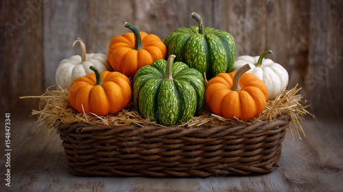 Wallpaper Mural Pumpkins in various colors placed in a wicker basket surrounded by straw, creating a warm autumn feel. Ideal concept for seasonal decor, farmers market, home gardening Torontodigital.ca