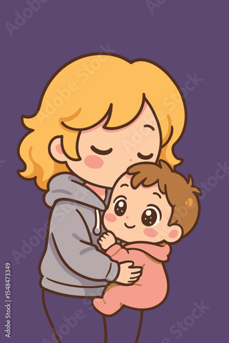 Cute Chibi Mom Kissing Baby – Kawaii Mother and Child Vector Illustration