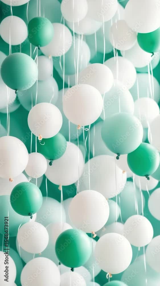 A cluster of white and mint green balloons.