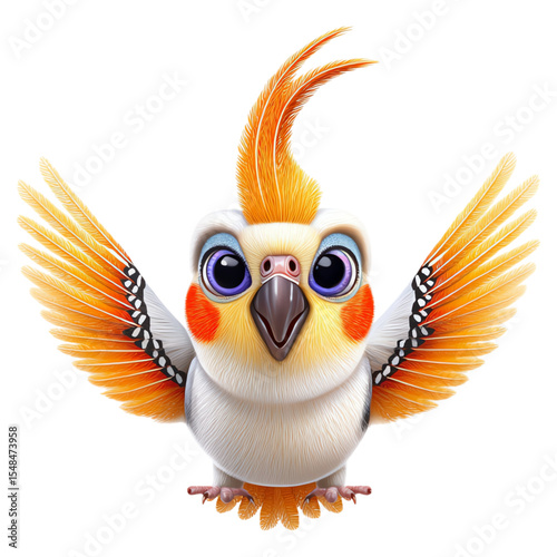 Cute cartoon bird character with vibrant feathers and cheerful expression