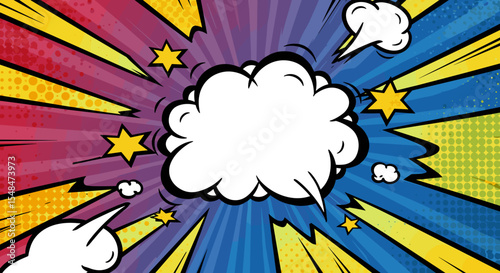 Puffy cloud speech bubble on yellow pink blue purple comic background with copy space