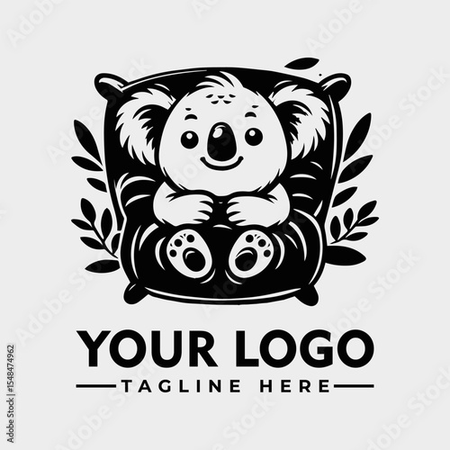 A cartoon koala sits on a pillow, surrounded by leaves. Logo space below.