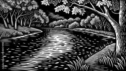 Wide river crossing a golden autumn forest with falling leaves and crisp air, a black and white sketch vector