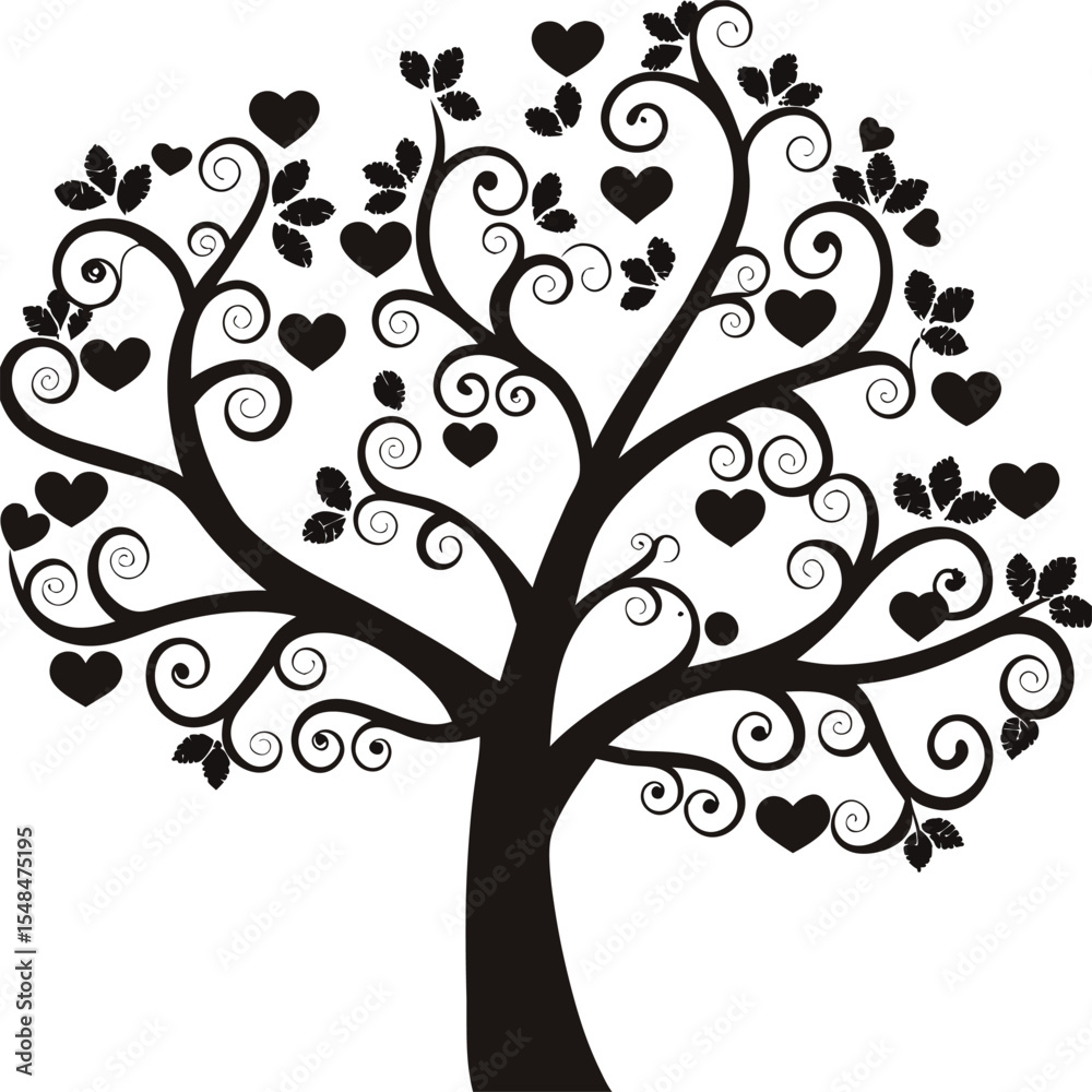 Obraz premium Elegant black and white stylized heart tree graphic.
