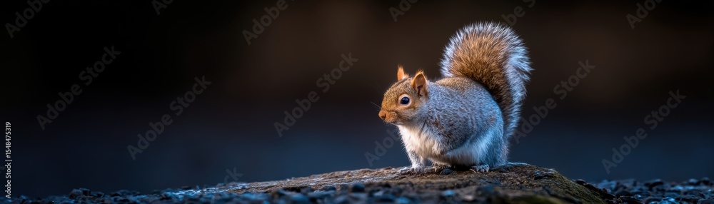 Obraz premium A vibrant close-up of a squirrel perched on a log, showcasing its distinct features against a blurred background, This image can be used for nature-themed projects, articles