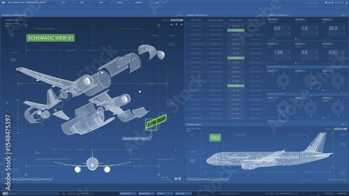 The detailed schematics of aircraft components come equipped with various metrics in an advanced analysis interface