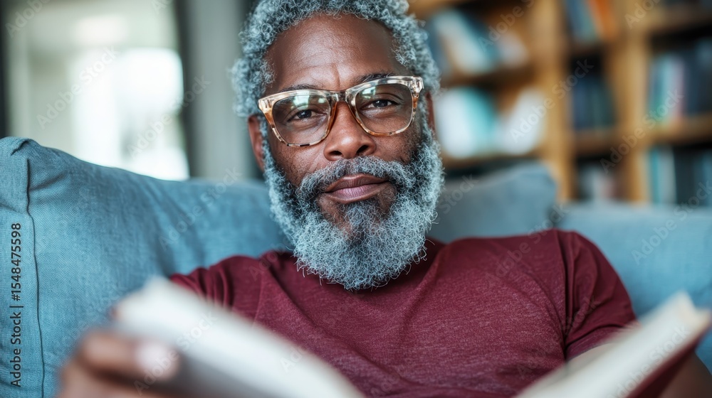 Fototapeta premium A thoughtful gentleman enjoys reading a book while seated comfortably in his living room, surrounded by bookshelves that emit a warm, inviting atmosphere of tranquility.