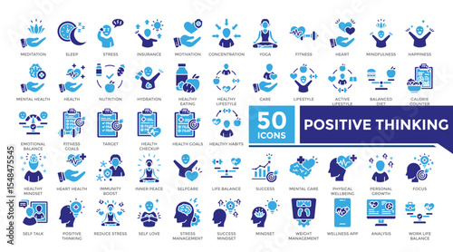 Positive thinking icon solid two color set collection. This set includes mental health, meditation, inner peace, yoga, healthy lifestyle and more icons in solid style. Icons collection for infographic