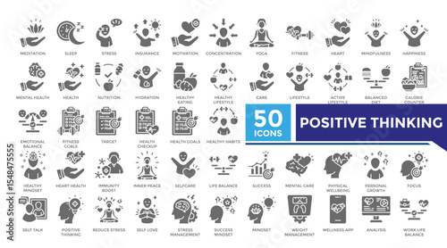 Positive thinking solid icon set collection. This set includes mental health, meditation, inner peace, yoga, healthy lifestyle and more icons in solid style. Vector icons collection for infographics