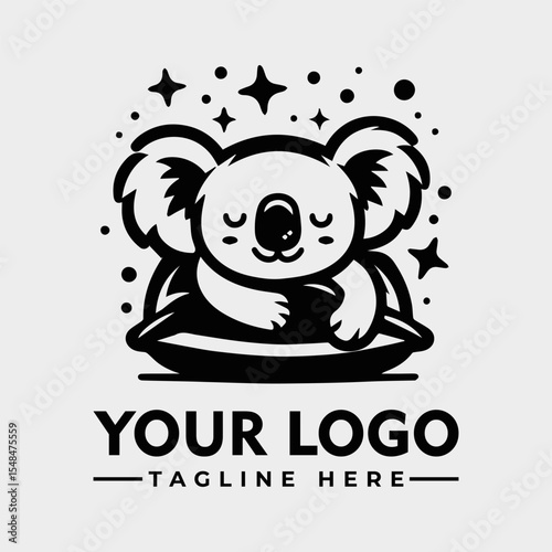 Illustration of a cute koala bear sleeping on a pillow, surrounded by stars and dots.