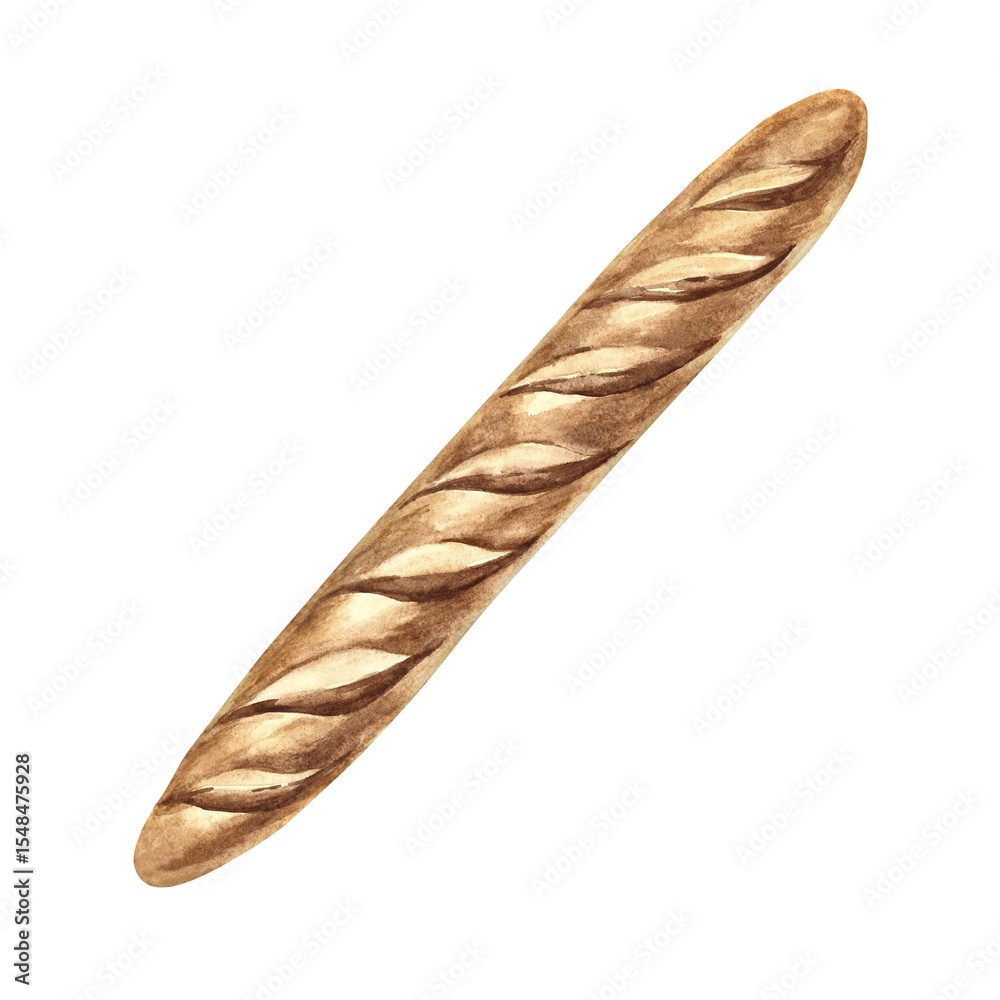Obraz premium French baguette. Hand-drawn watercolor illustration. Isolate. Color image. Element of French cuisine. For menu and recipe design, labels, packaging, and more.