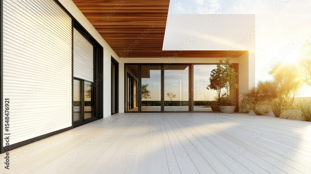 Fototapeta premium A beautifully designed modern patio showcasing sleek lines, warm wooden details, and large glass doors that open to a breathtaking sunset view, evoking peace and design elegance.