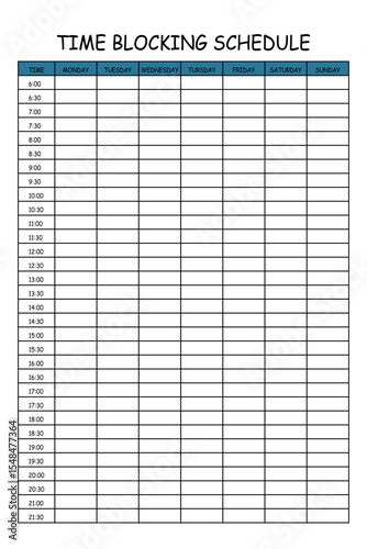 24 Hourly Weekly Schedule - Monday Start. Mockup for daily scheduling and time management. 30-minute increment hourly planner templates. Time Planner.