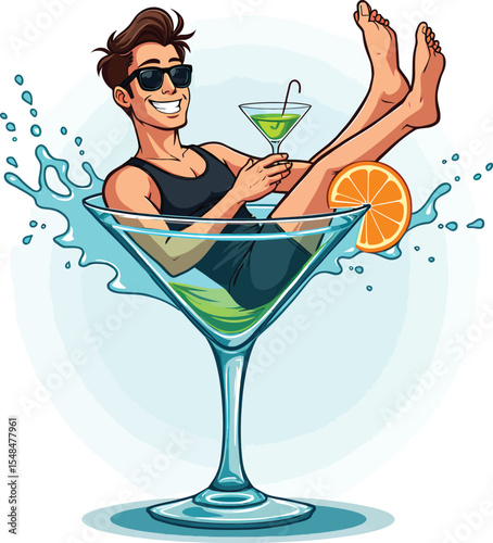 Man relaxing in giant martini glass with cocktail and orange slice summer vacation illustration
