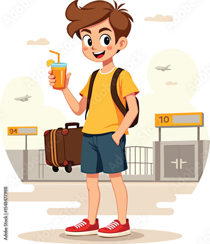 Cartoon boy traveler at airport with luggage and juice ready for vacation travel adventure trip