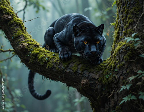 A panther crouched on a mossy tree branch, ready to pounce, glowing eyes fixed on its prey below