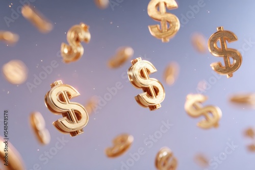 A cluster of golden dollar symbols appears to float in the air, set against a soft gradient background. The visual suggests concepts of wealth, prosperity, and financial success.