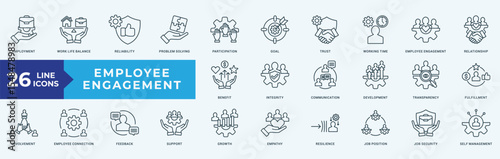 Employee Engagement icon collection set with employment, work life balance, reliability, problem solving, participation, goal, trust, working time, employee engagement, relationship, benefit, integrit