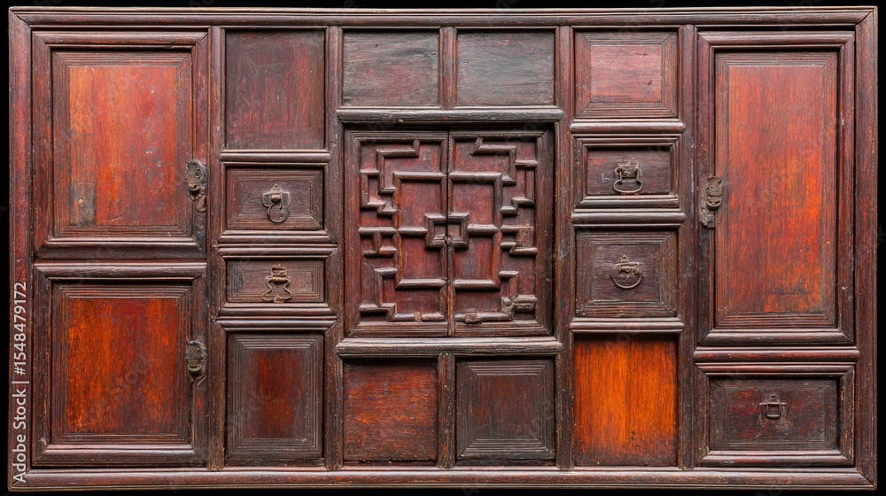 Fototapeta premium A beautifully detailed antique wooden cabinet featuring intricate carvings and vintage hardware, Ideal for interior design projects, restorations, and historical exhibitions,