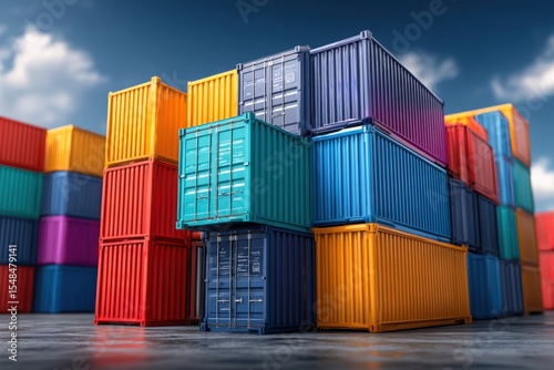 A group of colorful shipping containers is stacked in various orientations at a logistics facility. The vibrant hues contrast against the clear blue sky, creating a striking visual display. photo